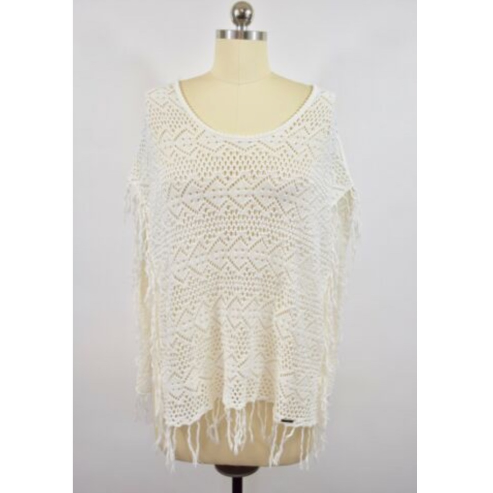 Billabong Ivory Crochet Poncho Sweater Medium - Picture 2 of 8